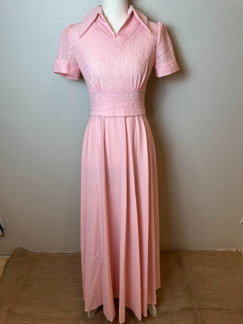 Vintage 70s Baby Pink Maxi Dress Collared Waist Coquette Pleated Feminine